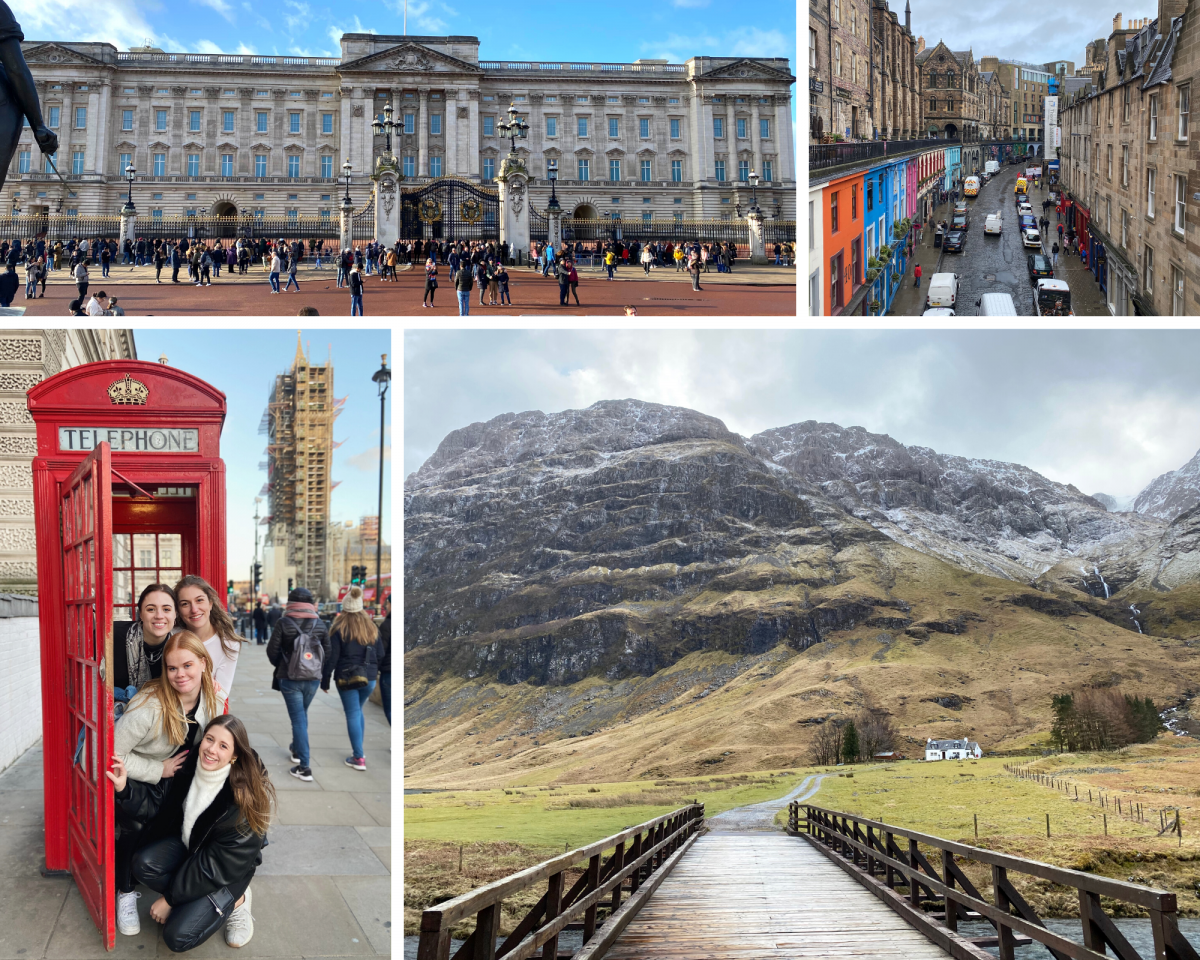 Buckingham Palace, downtown Scotland, a red phone booth, and the Scottish Highlands