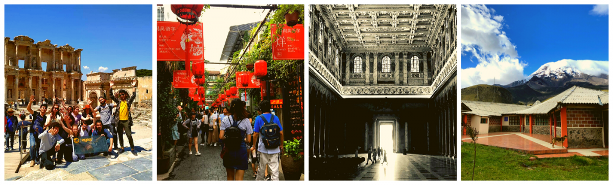 4 pictures comparing architecture in Italy, China, France, Ecuador