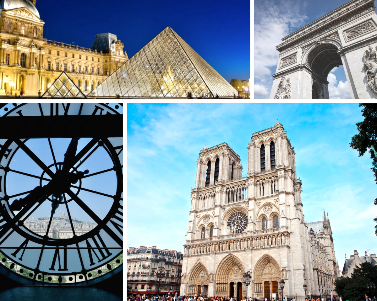 Collage of pictures from Paris, France - Leuvre Museum, Arc de Triumphe, Musee d'Orsay, and Notre Dame