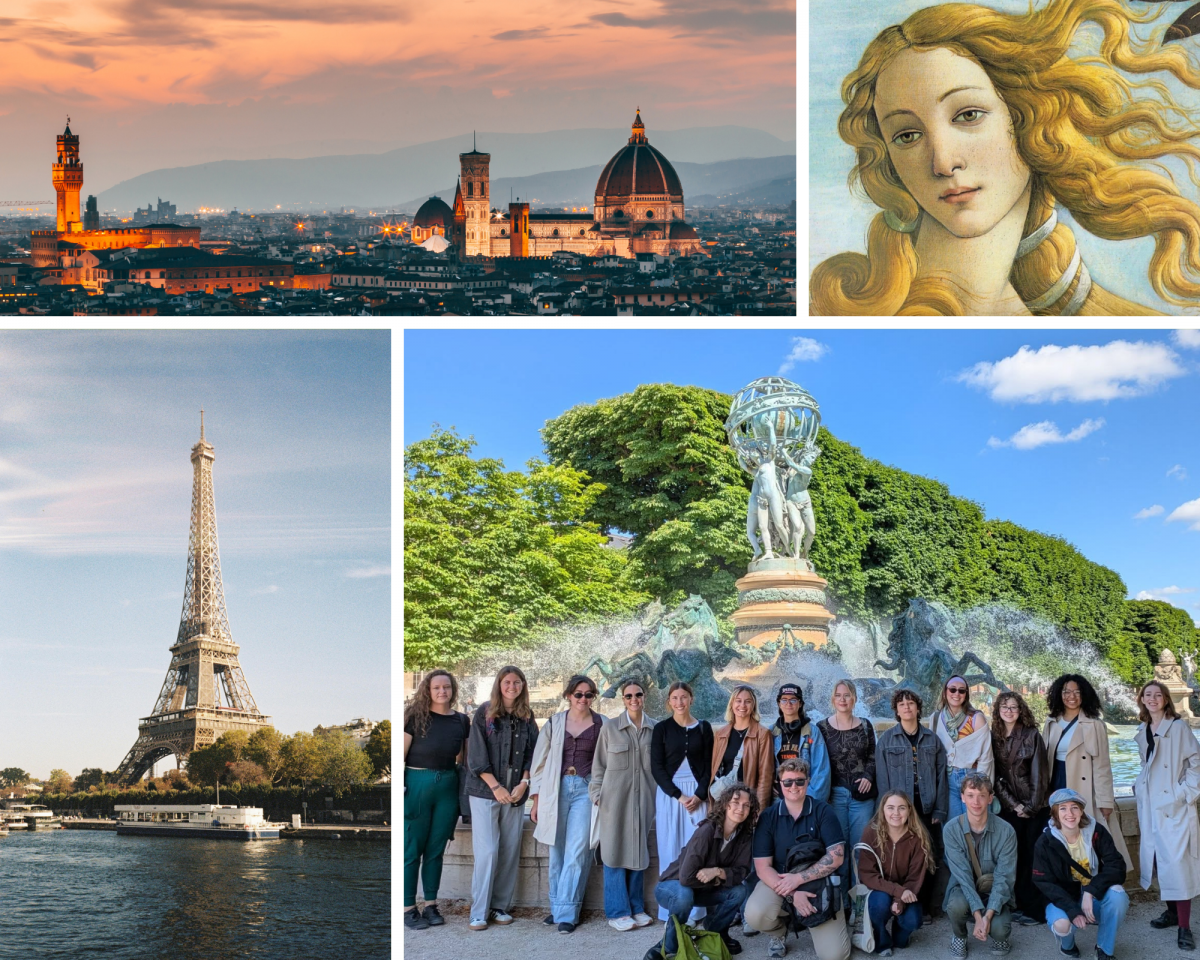 Collage of photos - top left photo is Florence skyline, top right is art work, bottom left is the Eiffel Tower, bottom right is a group photo of the students in France