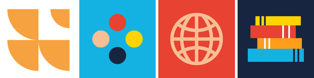 Global skills opportunity logo, four coloured circles, globe, stack of books (decorative)
